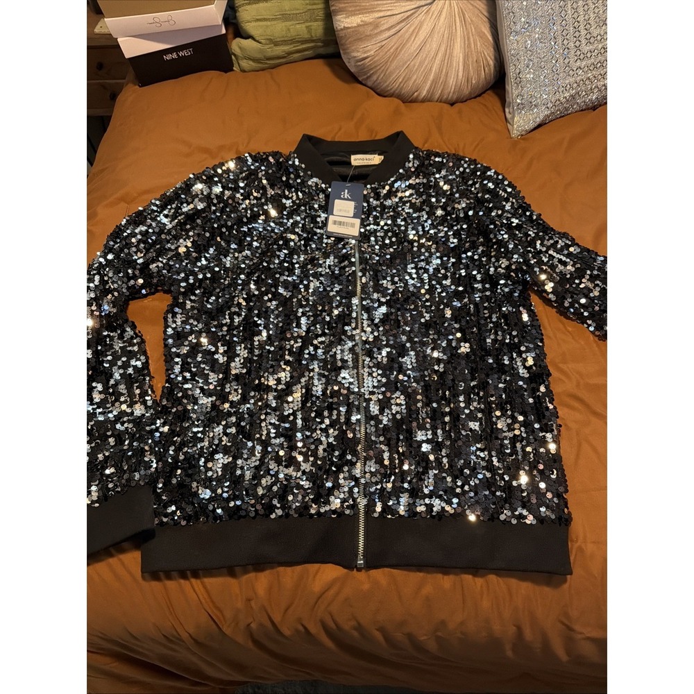 Womens Long Sleeve Front Zip Track Stripe Sequin Bomber Jacket 2XL Anna-Kaci!